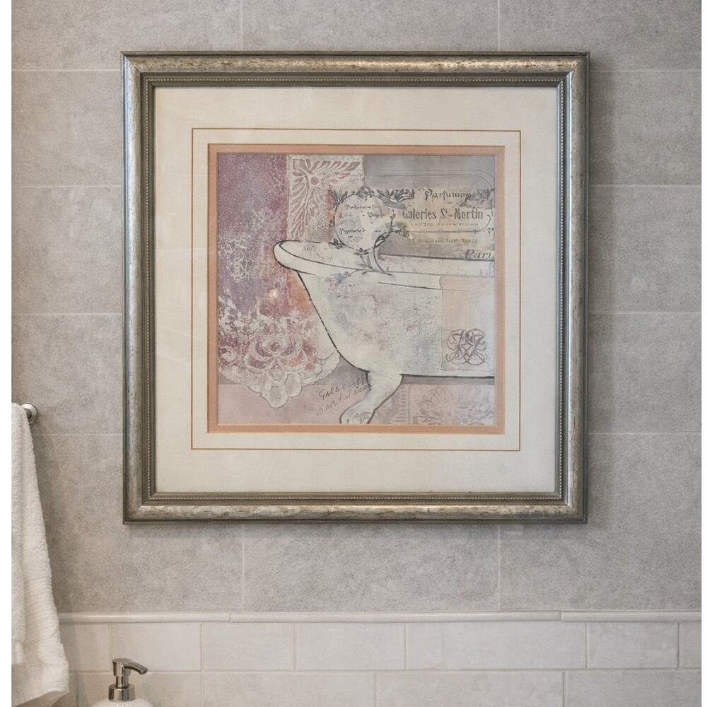 Vintage style Bathroom wall art framed clawfoot tub print french cottage decor